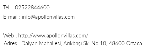 Apollon Villas telefon numaralar, faks, e-mail, posta adresi ve iletiim bilgileri